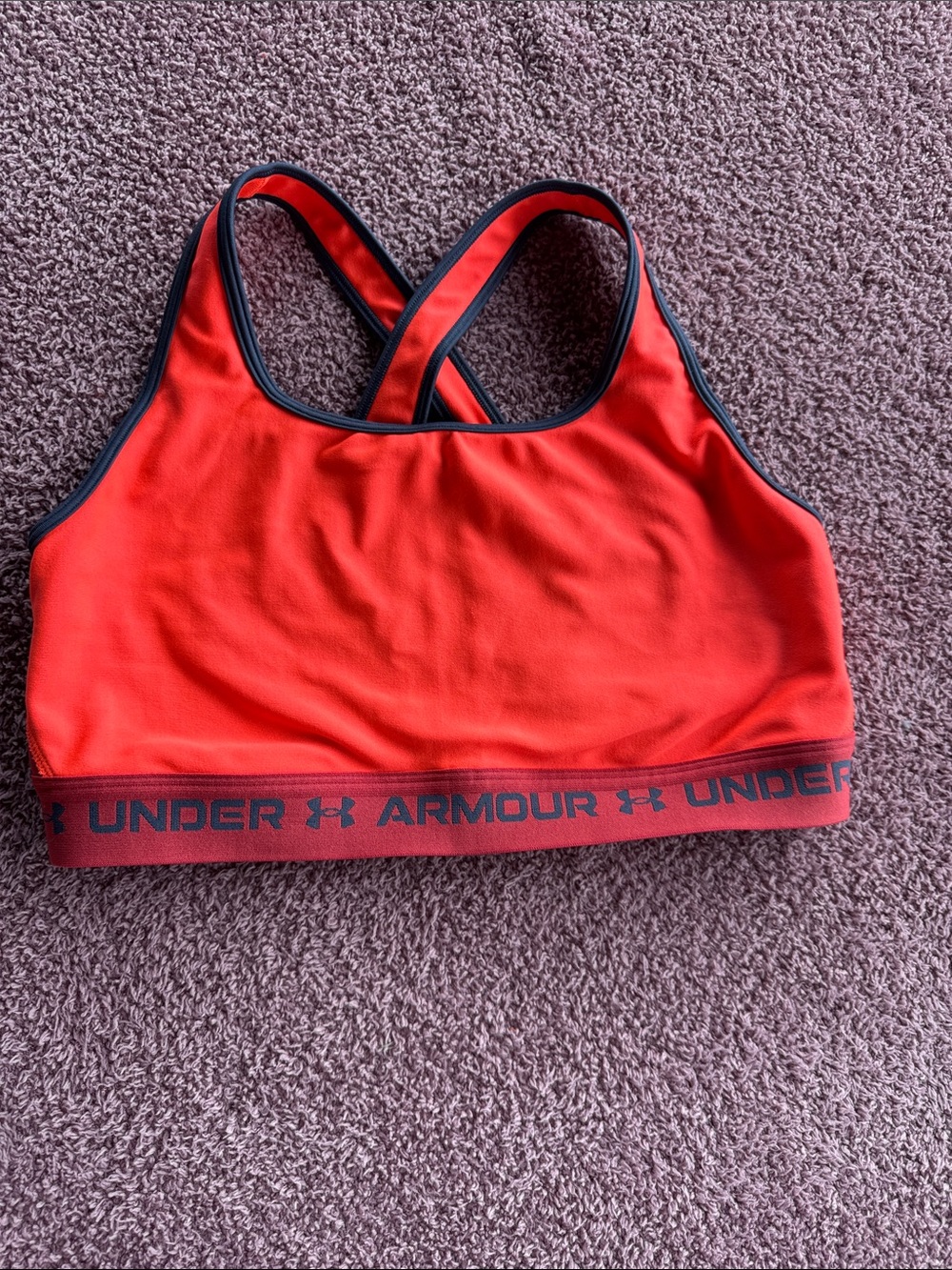 Under Armour Bright pink/tangerine Racerback Sports Bra with navy Trim